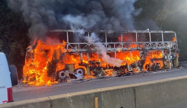 Ônibus pega fogo na BR-277 em Morretes