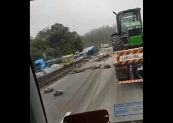 Colisão envolvendo dois caminhões e ônibus escolar deixa trânsito lento na BR-116, veja o vídeo