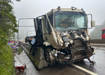 Carreta com problemas de freios provoca engavetamento na BR-376 e carga de ração é saqueada