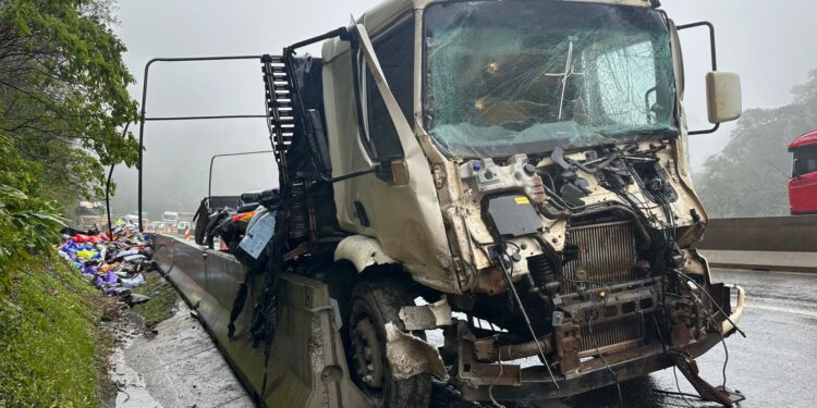 Carreta com problemas de freios provoca engavetamento na BR-376 e carga de ração é saqueada