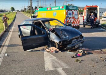 Carro colide em poste e quatro ficam feridos na BR-116, veja o vídeo