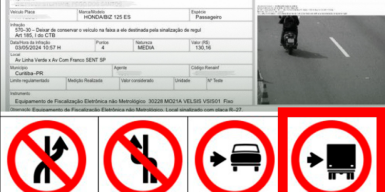 Motorista leva multa na Linha Verde por não transitar na faixa de veículos pesados. Detalhe: era uma moto.