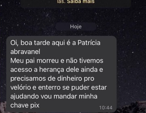 Golpista se passa por Patrícia Abravanel e pede dinheiro para ajudar no velório