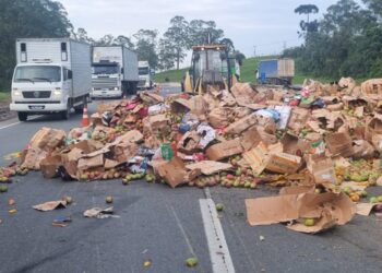 Caminhão carregado de mangas tomba no Contorno Leste em Piraquara