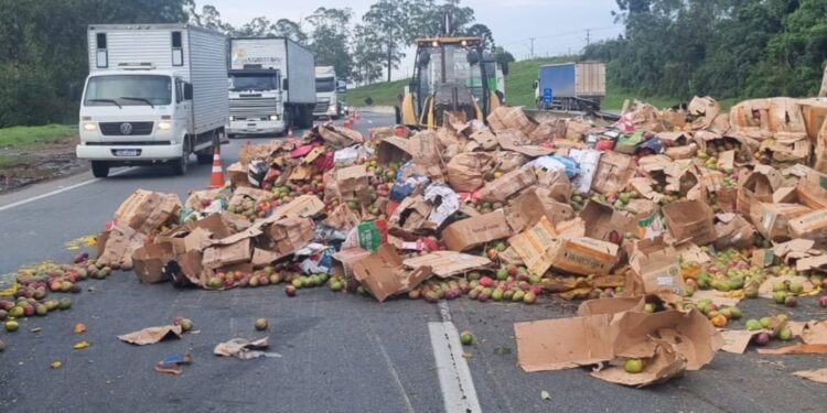 Caminhão carregado de mangas tomba no Contorno Leste em Piraquara