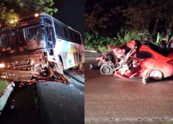 Colisão frontal entre carro e ônibus deixa dois mortos e criança gravemente ferida