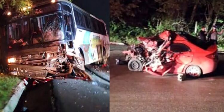 Colisão frontal entre carro e ônibus deixa dois mortos e criança gravemente ferida