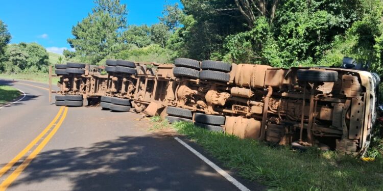 Caminhão carregado com toras tomba na PRC-456 no Paraná