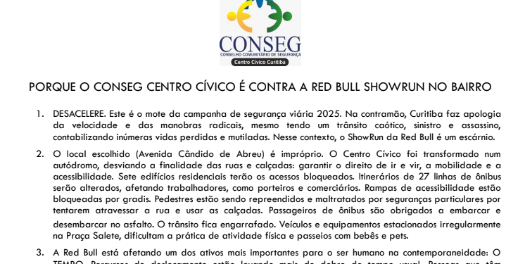 CONSEG Centro Cívico questiona Red Bull ShowRun