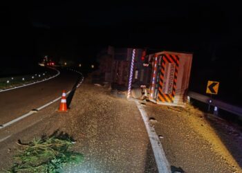 Carreta tomba na BR-277 e carga de soja se espalha fora da pista