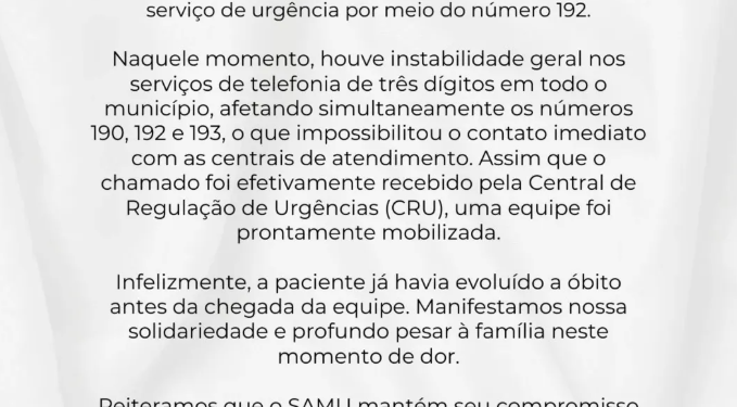 CimSamu confirma que família não conseguiu acionar Samu em Ponta Grossa devido a falha no 192