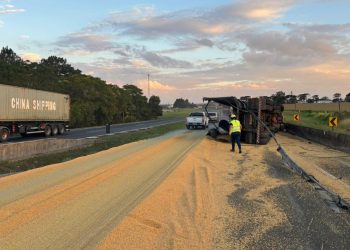 Caminhão carregado com soja tomba na BR-376 em Tibagi e deixa motorista ferido