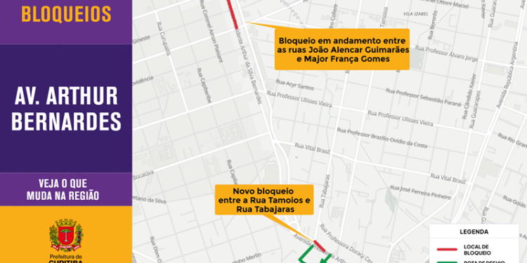Arthur Bernardes tem bloqueio de uma quadra entre as ruas Tamoios e Tabajaras